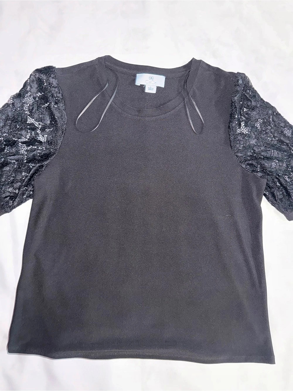 CeCe Black Lace Puff-Sleeve Top in Black